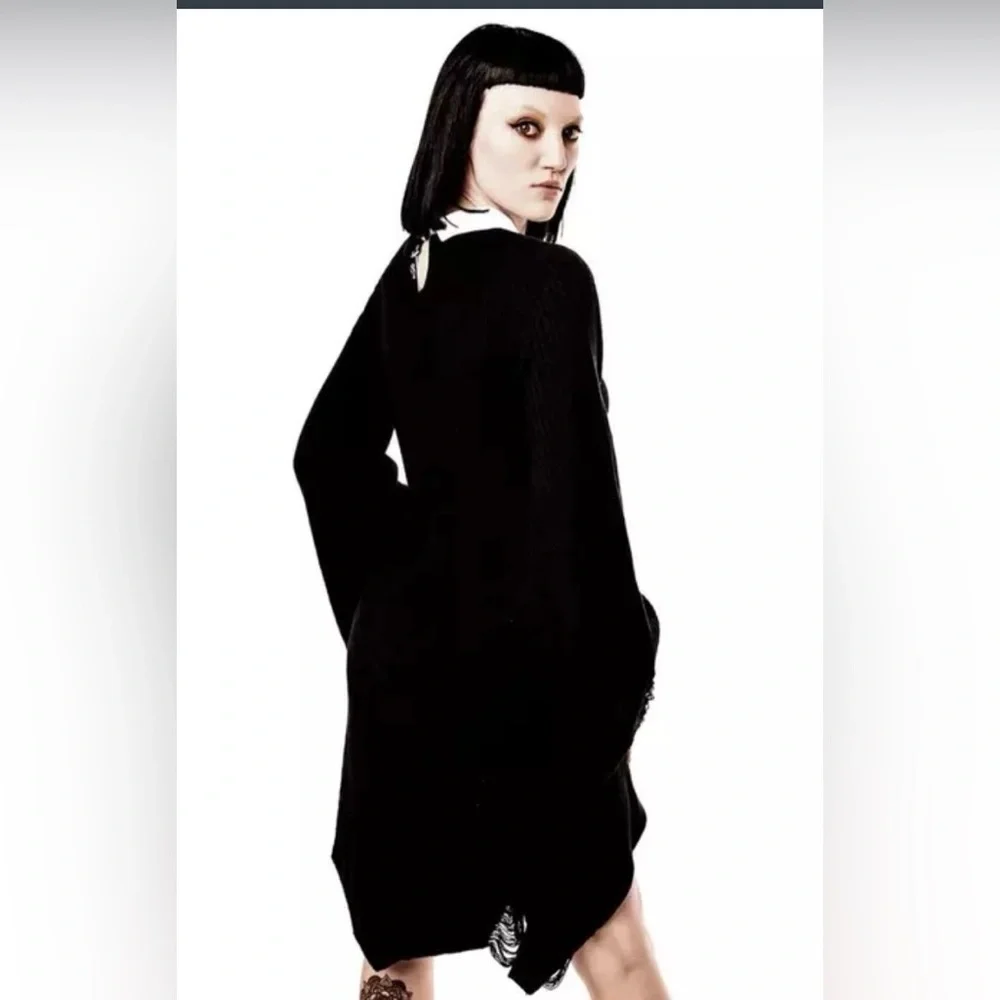 Killstar Black Hellda Distressed Long Sleeve Sweater Dress with White Collar - Picture 2 of 11